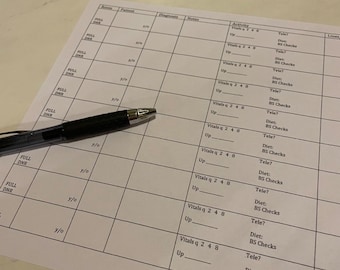 Könnte beinhalten: Ein weißes Blatt Papier mit einem Raster aus Spalten und Zeilen. Die Spalten sind mit "Zimmer", "Patient", "Diagnose", "Notizen", "Aktivität" und "Linien" beschriftet. Die Zeilen sind mit Zahlen und den Wörtern "Full DNR", "Vitals q 2 4 8", "Up", "Tele?", "Diet" und "BS Checks" gefüllt.