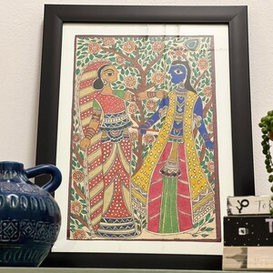 Radha Krishna: Handmade Indian Madhubani painting. With frame, painting on handmade paper.