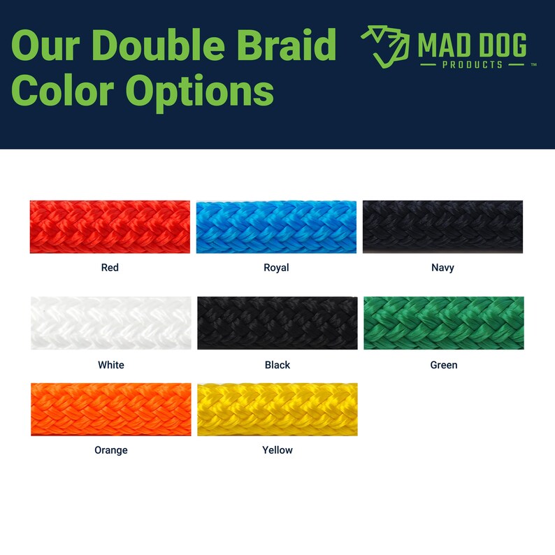 May include: A chart showing colour options for double braid rope. The colours are red, royal blue, navy, white, black, green, orange, and yellow.
