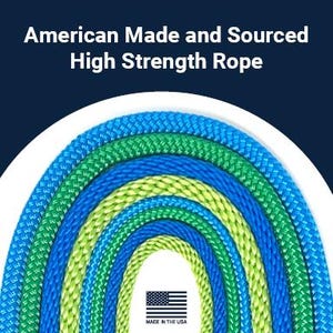 May include: A rainbow assortment of high-strength rope, made in the USA. The rope is available in various sizes and colours, including green and blue.