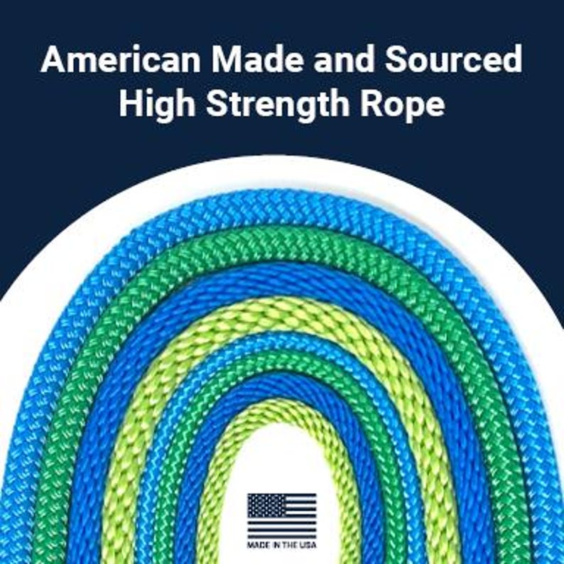 May include: A rainbow assortment of high-strength rope, made in the USA. The rope is available in various sizes and colours, including green and blue.