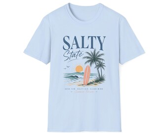 Salty State Surfplank Beach T-shirt | Palmbomen, zonsondergangsfeer
