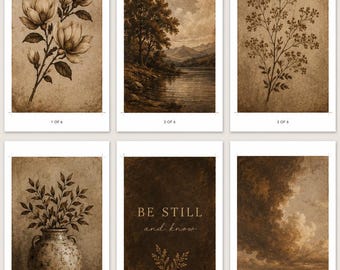 Humeurige neutrale afdrukbare muurkunst set van 6 | Vintage botanische galerij muurafdrukken | Bruin antiek landschapsdecor | Direct downloaden