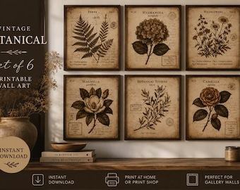 Vintage botanische muurkunst set van 6 afdrukbare | Donkerbruine antieke bloemenprints | Sfeervolle neutrale galerijwanddecoratie | Kunst direct downloaden
