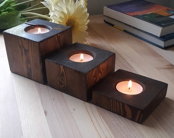 Set of Decorative Wood Tealight Candle Holders in a dark walnut finish, Candle Holder Gift Set, Rustic wood