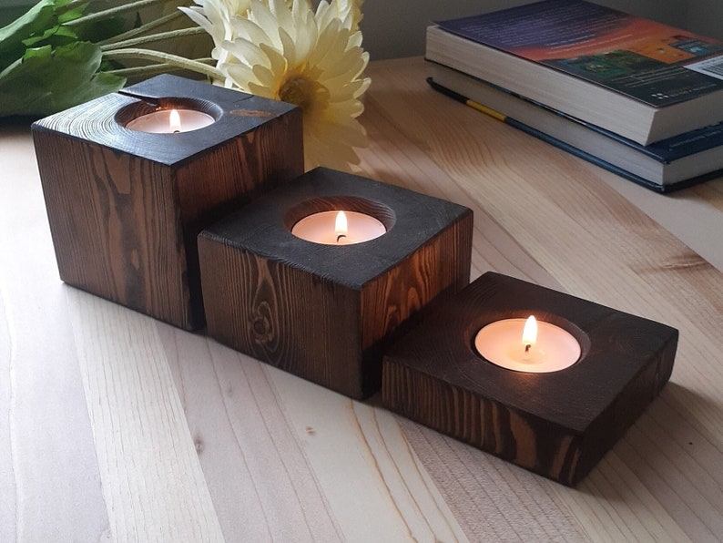 Set of Decorative Wood Tealight Candle Holders in a Dark Walnut Finish