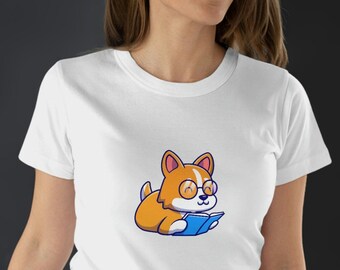 Corgi houdt van boeken en het lezen van schattige hond grappige korte mouw T-shirt