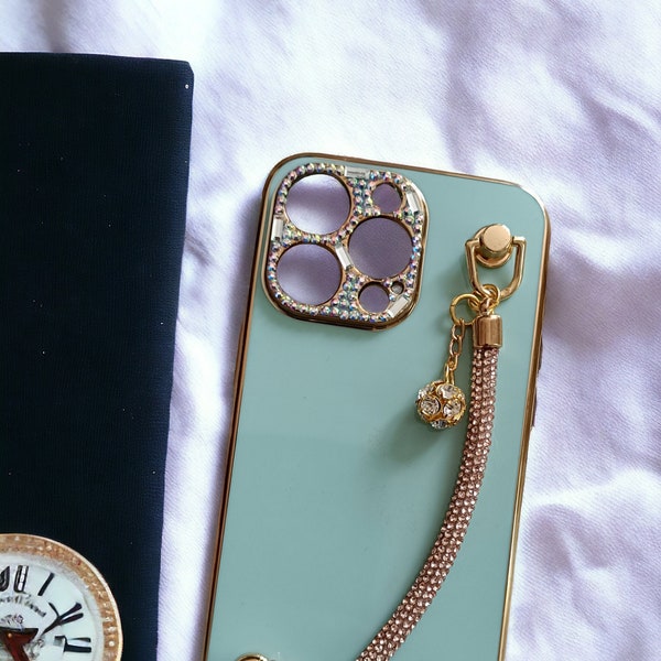 Swarovski Gold Frame Colorful case with diamond stone chain iPhone Models 15 Pro Max,15Pro, 14ProMax, 14 Plus, 13, 12, 11