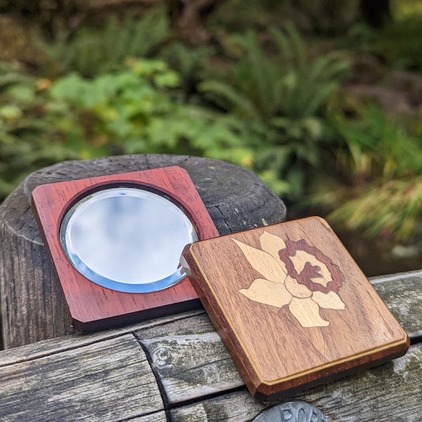 Gorgeous redwood exotic Wood Daffodil Inlay Swivel Pocket Vanity Compact Mirror