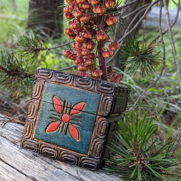 Beautiful wooden square hinged carved & painted trinket box