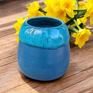Handmade studio art pottery teal and blue vase - signed