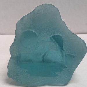 Vintage Signed Siku Green Glass Stone Carving Loon and babies Paperweight Etched Canada