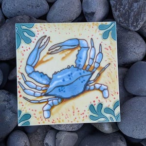 Beautiful hand painted ceramic tile ocean sand 3D blue crab approx. 8x8