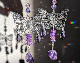 Amethyst Butterfly Dangle Earrings Purple Amethyst Jewelry Silver Earrings Boho Accessories Hippie Jewelry Summer Whimsy Crystal Energy