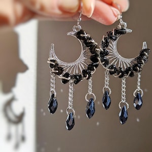 Obsidian Moon Witchy Earrings Whimsigoth Jewelry Celestial Accessories Silver Moon Gothic Jewelry Gift