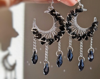 Obsidian Moon Witchy Earrings Whimsigoth Jewelry Celestial Accessories Silver Moon Gothic Jewelry Gift