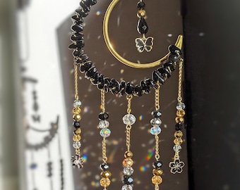 Obsidian Suncatcher Witchy Moon Flower Sun Catcher Whimsigoth Decor Window Hanging Moon Decor Whimsical Home Decor Crystal Moon Gift for Her