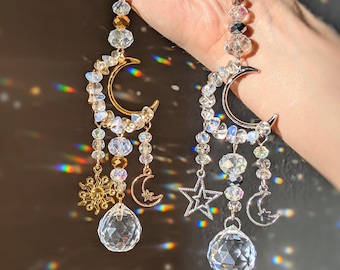 Crystal Moon Car Charm Suncatcher Opal Moon Car Rear View Mirror Hanging Light Catcher Celestial Moon Sun Catcher For Car Mirror Moon Stars