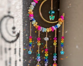 Hippie Suncatcher Retro 70s Flower Rainbow Moon Witchy Boho Window Hanging Moon Home Decor Gift