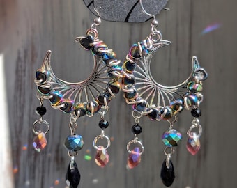 Iridescent Hematite Moon Witchy Earrings Whimsigoth Jewelry Celestial Accessories Silver Moon Gothic Jewelry Gift