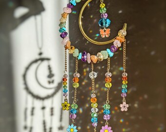 Hippie Suncatcher 70s Flower Butterfly Rainbow Moon Suncatcher Retro Home Decor Window Hanging Light Catcher Crystal Gift for Her Whimsy