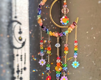 Hippie Suncatcher 70s Flower Sun Catcher Rainbow Moon Suncatcher Flower Moon Window Hanging 70s Retro Hippie Home Decor Hippie Gift for Her
