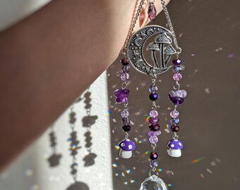 Mushroom Moon Amethyst Suncatcher Car Accessories Whimsy Mushroom Decor Car Mirror Hanging Mushroom Hippie Car Hanger Amethyst Gift Witchy