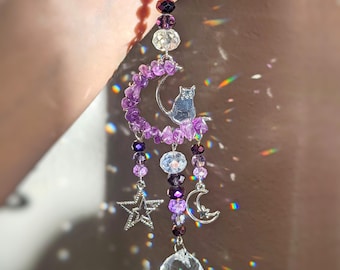 Cat Moon Amethyst Suncatcher Cat Home Decor Crescent Moon Suncatcher for Crazy Cat Lady Gift for Cat Lover Cat and Moon Home Decor Cat Gift