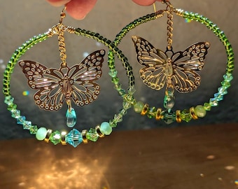 Green Crystal Beaded Butterfly Earrings Bead Hoops Dangle Earrings Sun Goddess Gold Jewelry Butterfies Boho Accessories Hippie Jewelry