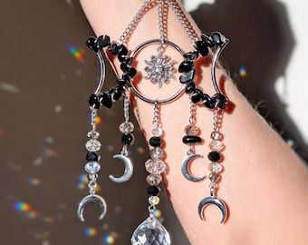 Triple Moon Obsidian Suncatcher Triple Goddess Moon Rear View Mirror Obsidian Witchy Car Charm Moon Phase Black Stone Whimsigoth Gift