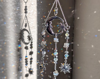 Moonstone Suncatcher Crescent Moon Goddess Car Decor Celestial Moon Sun Catcher Crystal Rear View Mirror Car Hanger Crystal Moon Car Charm