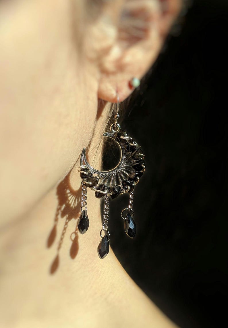 Obsidian Moon Witchy Earrings Whimsigoth Jewelry Celestial Accessories Silver Moon Gothic Jewelry Gift image 3