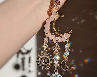 Rose Quartz Moon Car Charm Suncatcher Rose Quartz Rear View Mirror Charm for Car Decor Celestial Moon Witchy Sun Catcher For Car Moon Stars