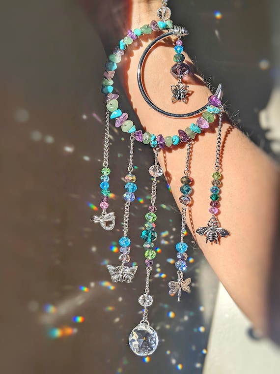 Butterfly Moon Amethyst Suncatcher Turquoise Celestial Suncatcher Crescent Moon Window Hanging Amethyst Home Decor Dragonfly Moon Witch Gift
