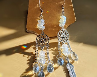 Opal Dreamcatcher Earrings with Feather Charms Crystal Boho Jewelry Hippie Earrings Silver Accessories for Her Gift