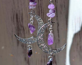 Amethyst Moon Dangle Earrings Amethyst Jewelry Silver Earrings Boho Accessories Hippie Jewelry Summer Earrings Celestial Moon Goddess