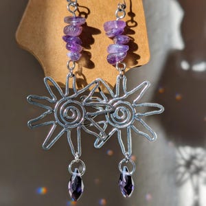 Amethyst Sun Moon Dangle Earrings Amethyst Jewelry Silver Earrings Boho Accessories Hippie Jewelry Summer Earrings Celestial Sun Goddess