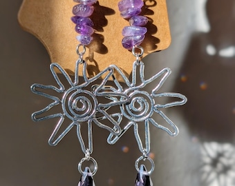 Amethyst Sun Moon Dangle Earrings Amethyst Jewelry Silver Earrings Boho Accessories Hippie Jewelry Summer Earrings Celestial Sun Goddess