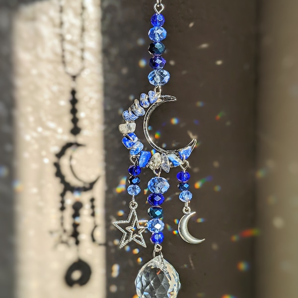 Lapis Lazuli Suncatcher Moon Car Charm Moon Sun Catcher Blue Stone Car Rear View Mirror Hanging Light Catcher Celestial Moon Blue Lapis Moon