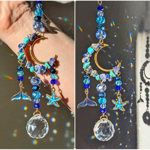 Mermaid Moon Car Charm Suncatcher Ocean Beach Sun Catcher Ornament Crystal Mermaid Car Rear View Mirror Hanging Light Catcher Celestial Moon