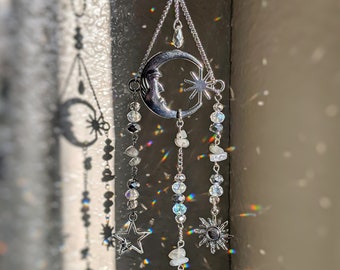 Moonstone Suncatcher Crescent Moon Goddess Car Decor Celestial Moon Sun Catcher Crystal Rear View Mirror Car Hanger Crystal Moon Car Charm