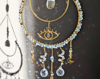 Crystal Moon Goddess Evil Eye Suncatcher Opal Moon Hanging Light Catcher Celestial Moon Stars Whimsigoth Decor Witchy Gift