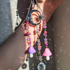 Amethyst Moon Goddess Suncatcher Car Charm Mushroom Moon Car Accessories Crescent Moon Sun Catcher Amethyst Rear View Mirror Mushroom Decor