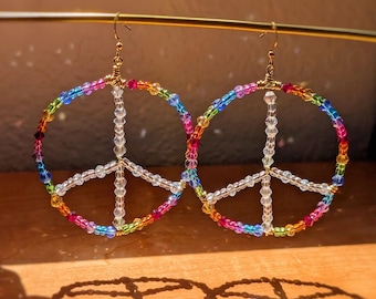 Retro 70s Peace Sign Earrings Beaded Jewelry Rainbow Dopamine Aesthetic