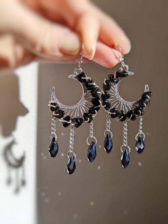Obsidian Moon Witchy Earrings Whimsigoth Jewelry Celestial Accessories Silver Moon Gothic Jewelry Gift