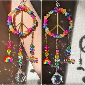 Hippie Car Charm Rainbow Suncatcher Hippie Stuff for Car Mirror Accessories Hippie Decor Rainbow Peace Sign Car Hanging Hippie Gift for Her