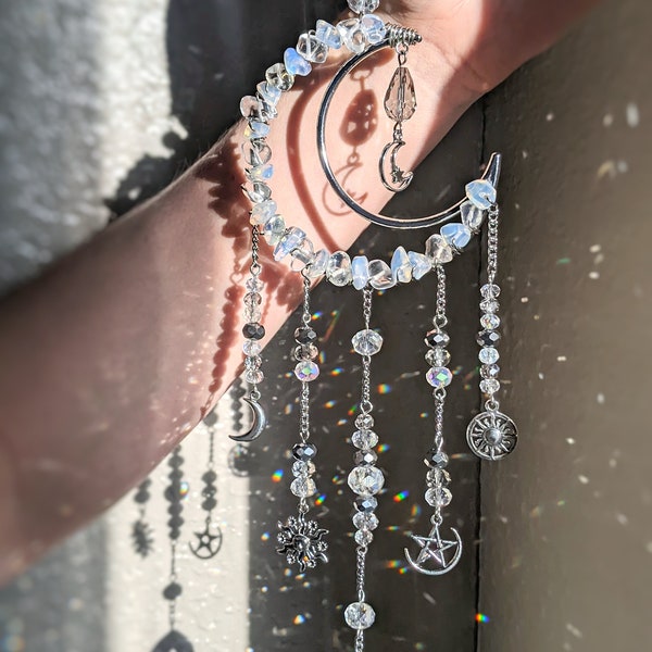 Crystal Moon Goddess Suncatcher Opal Moon Hanging Light Catcher Celestial Moon Sun Catcher Crescent Moon Stars Whimsigoth Decor Witchy Gift