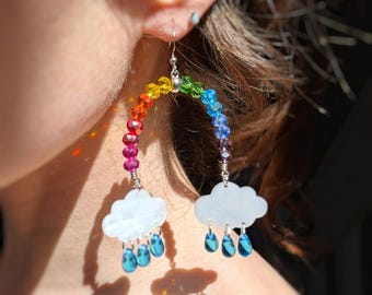 Crystal Rainbow Earrings with Rain Clouds  Dopamine Jewelry Silver Stainless Steel