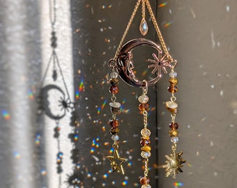 Crescent Moon Goddess Suncatcher Citrine Car Decor Celestial Moon Sun Catcher Tigers Eye Rear View Mirror Car Hanger Crystal Moon Car Charm