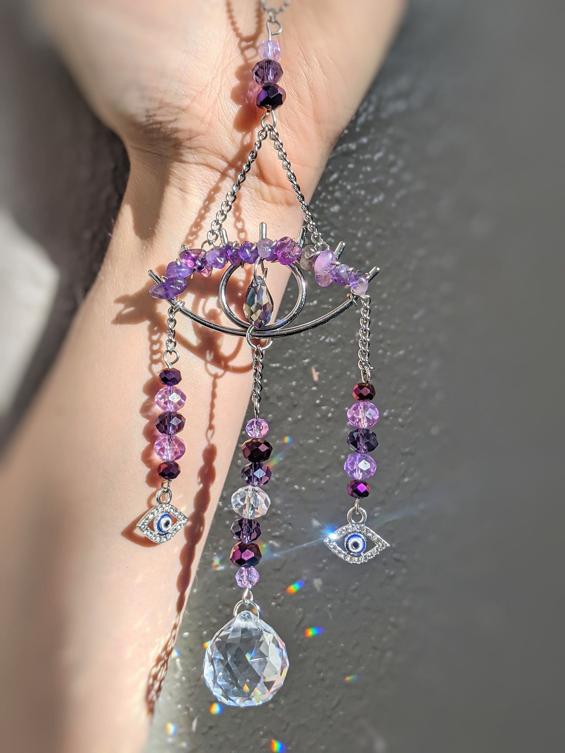 Sun Evil Eye Car Charm - Handmade Crystal & Stone Rearview Mirror Decor For Good Luck, Protection & Positive Vibes (Boho Style)